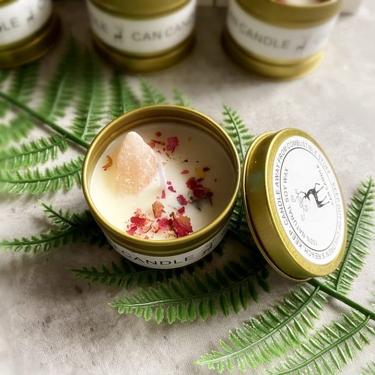 Bougie avec pierre lithothérapie et fleurs séchées 8