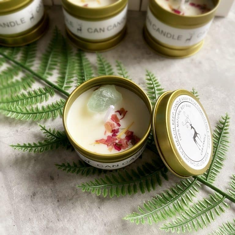 Bougie avec pierre lithothérapie et fleurs séchées 13